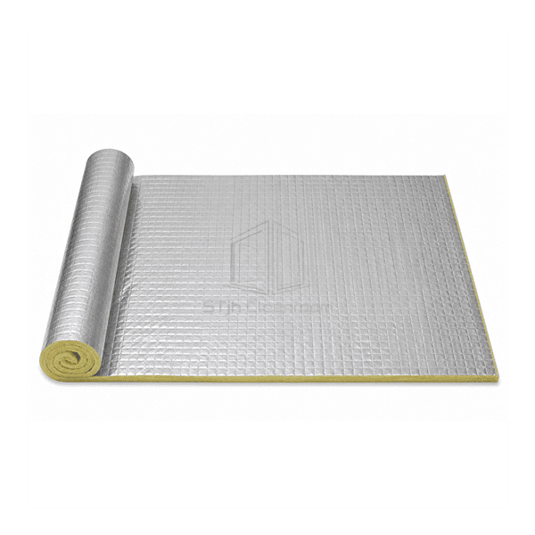 Horizontal unrolled length of foil-faced duct insulation