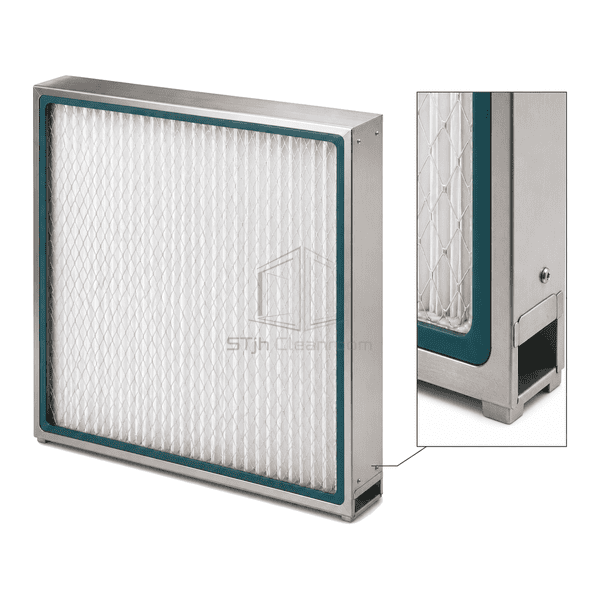 Close view of hydrophobic HEPA filter closed-cell gasket and potted corner