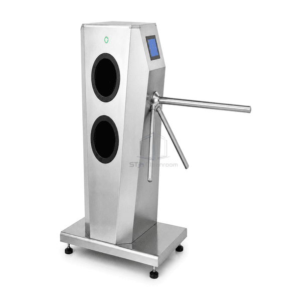 Complete hygiene turnstile in wide horizontal view showing access-arm envelope