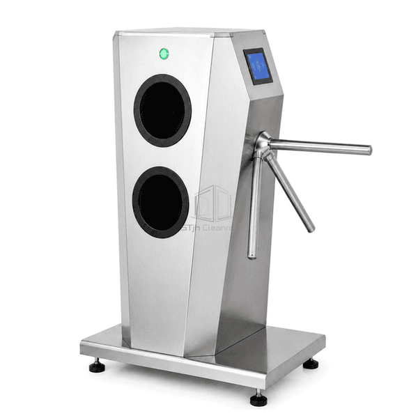 Hygiene turnstile interface view showing hand chambers, display and three-arm hub