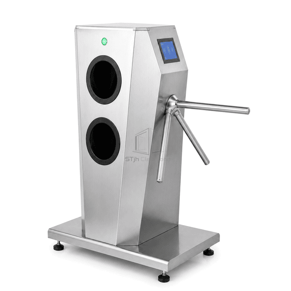 Hygiene turnstile side view showing pedestal depth and motorized arm hub