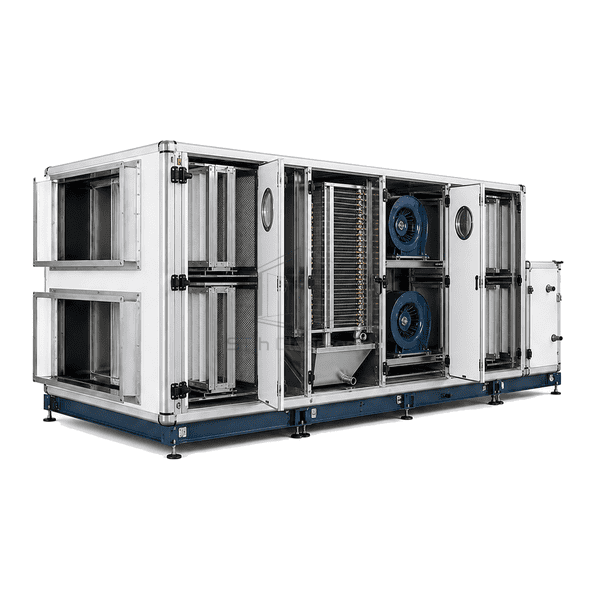 Open hygienic AHU section with drainable coil and direct-drive fan