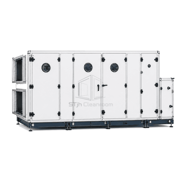 Front view of hygienic AHU access doors and pressure ports