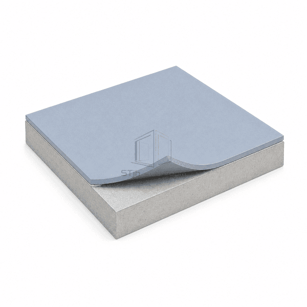 Lifted corner showing hygienic vinyl sheet over a mineral substrate