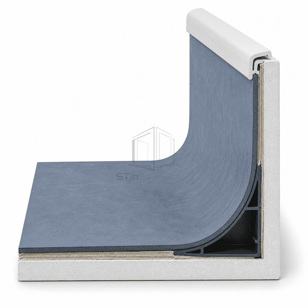 Cross-section of blue vinyl flooring supported over a PVC cove former