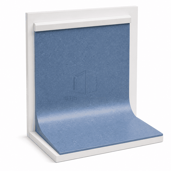 Front view of a complete blue hygienic PVC cove skirting sample
