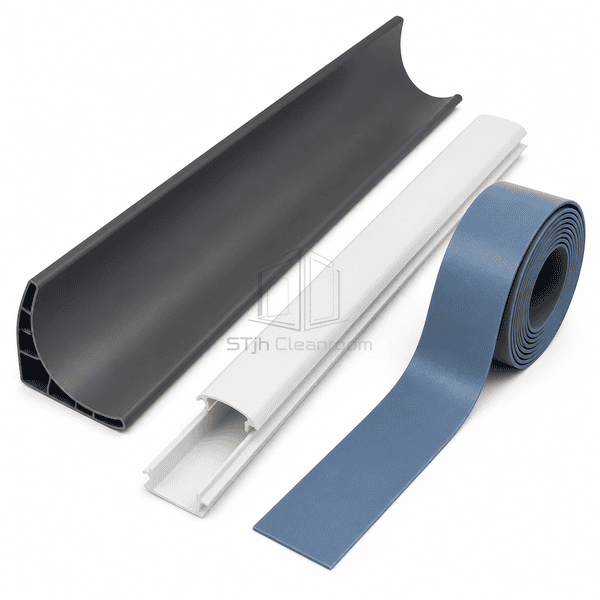 Long PVC cove former cap profile and blue vinyl flooring strip set