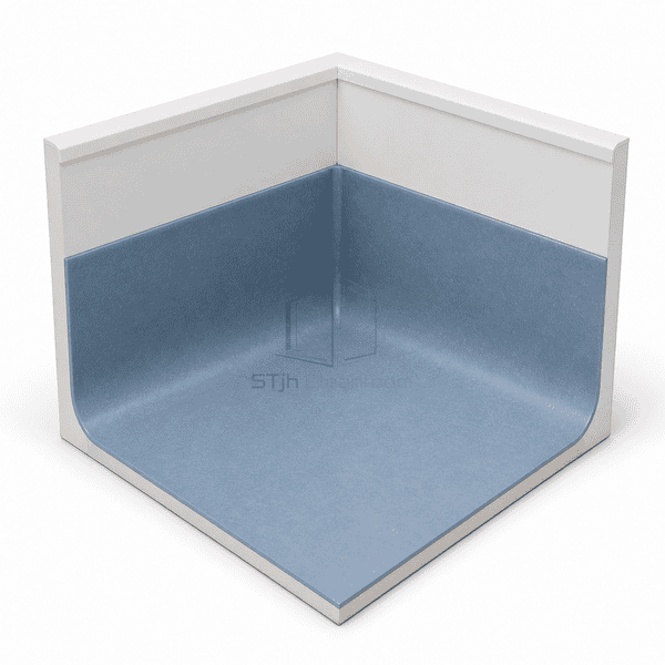 Blue PVC cove skirting corner sample with a welded seam and capped top edge
