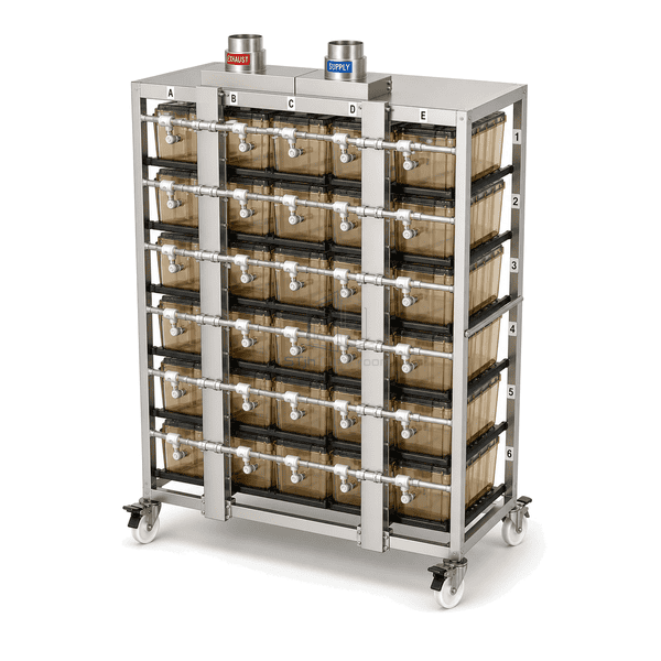 Elevated rear-right view of complete individually ventilated cage rack with twin plenums and thirty paired cage air connections