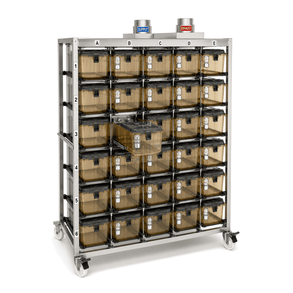 Complete IVC rack with one of thirty cages partly withdrawn to expose paired quick-connect nozzles and slide-lock interface