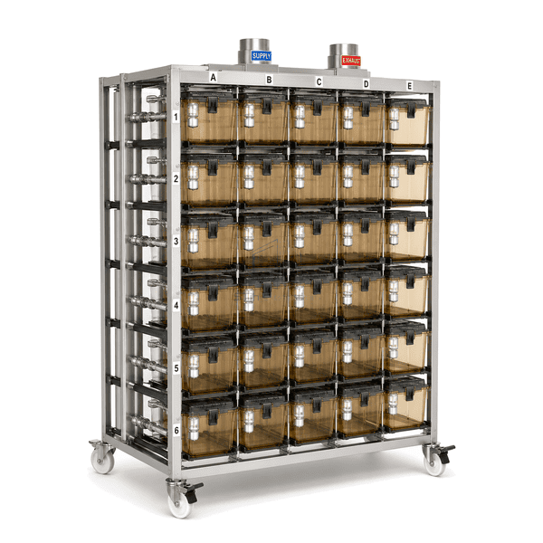 Front-left service view of 30-cage IVC rack showing side framing, six manifold levels and per-cage docking hardware