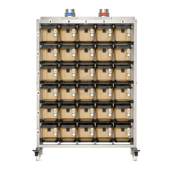 Straight front elevation of individually ventilated cage rack showing the labelled 5 by 6 array of thirty amber cages