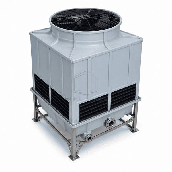 High rear view of the cooling tower fan stack and casing