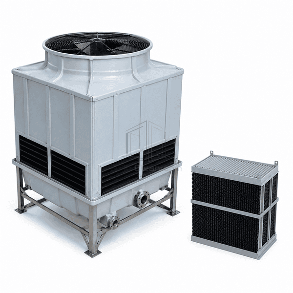 Cooling tower with matching fill and drift-eliminator cassette displayed