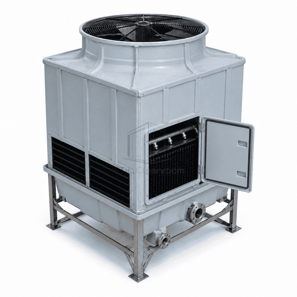 Counterflow cooling tower with service door open to reveal fill media