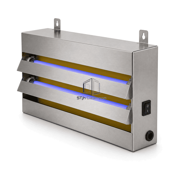 Side view of wall-mounted insect light trap showing shallow housing and service hinge