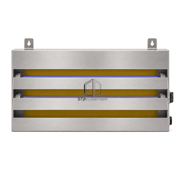 Front view of insect light trap showing two shielded UV-A lamps and stainless louvres
