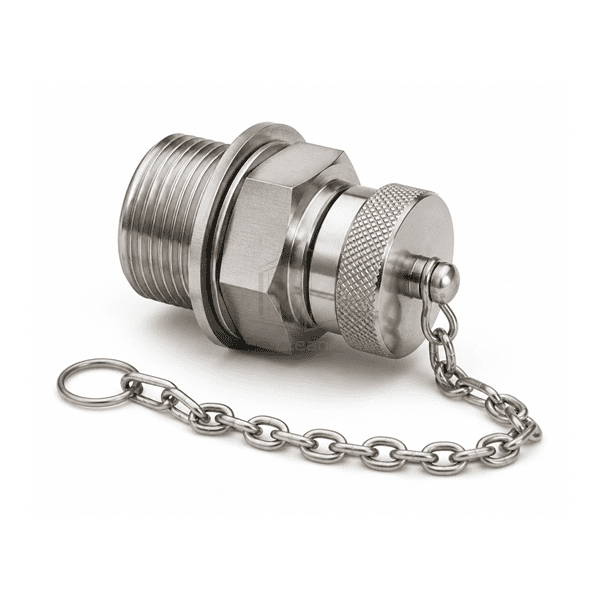 Horizontal view of the complete threaded air duct test port with retaining chain