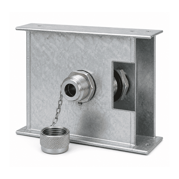 Installed air duct test port showing the open cap perimeter seal and backing nut