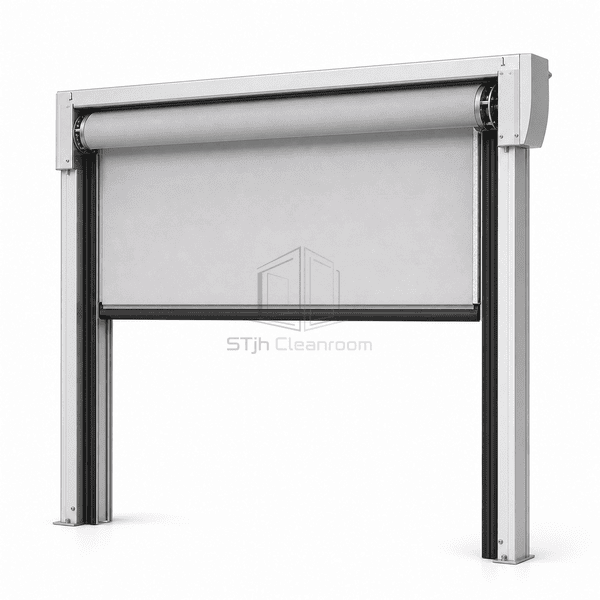 Insulated high-speed roll-up door partially open with full-width thermal curtain visible