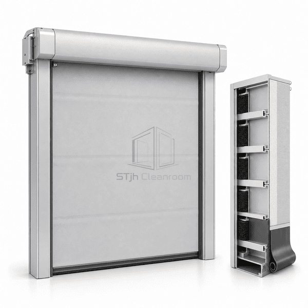 Insulated high-speed roll-up door thermal-break guide and perimeter seal detail