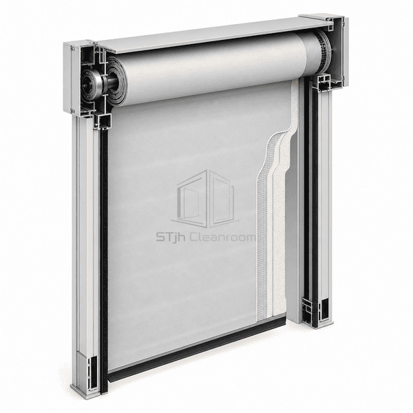 Insulated high-speed roll-up door cutaway showing closed-cell foam curtain core