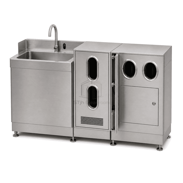 Close view of enclosed hand dryer and sanitizer ports
