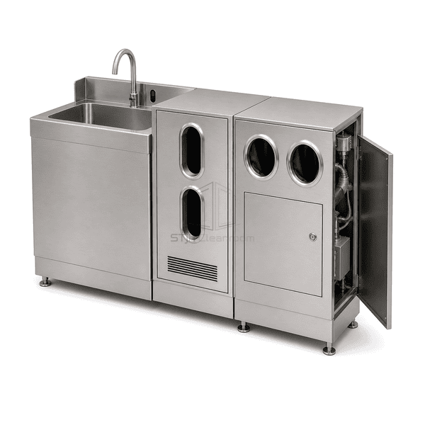 Side view of wash valves dryer module and sanitizer reservoir