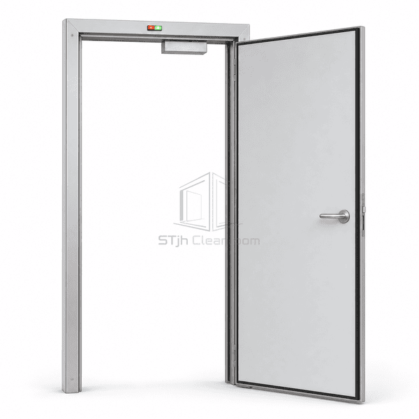 Interlocked cleanroom door opened to show frame-mounted status and locking components