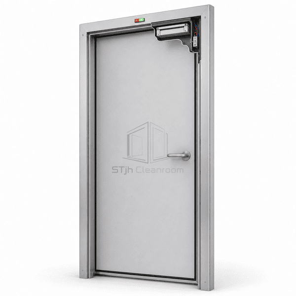 Interlocked cleanroom door electromagnetic lock and position sensor detail