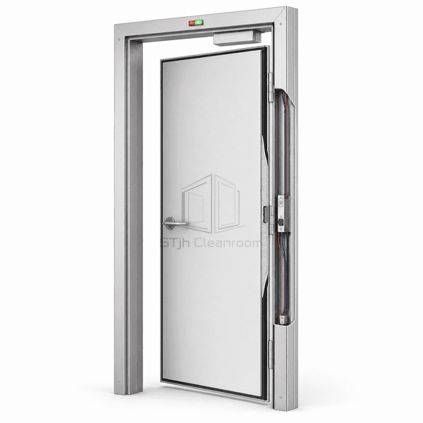 Interlocked cleanroom door side cutaway showing leaf core lock and sensor wiring