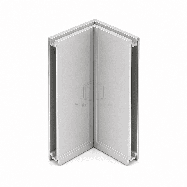 Upright square internal corner joining two modular cleanroom panel edges