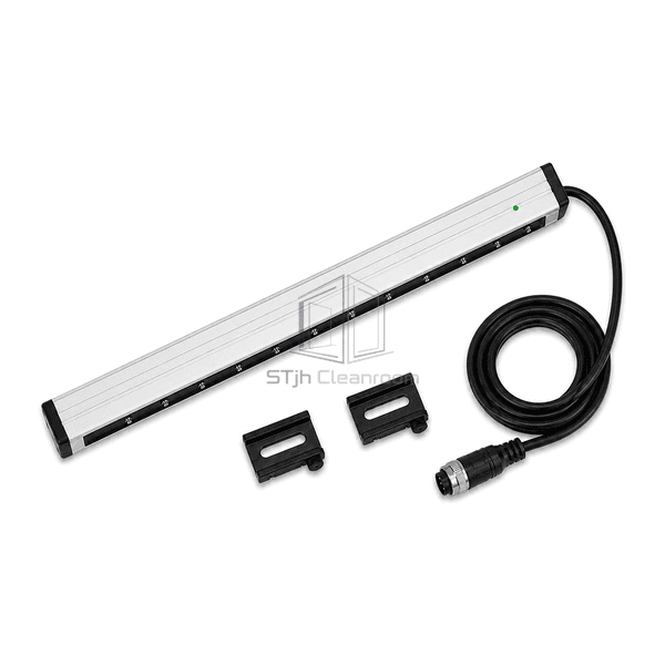 Top-down view of anodized ionizing bar with extrusion tracks brackets and coiled power cable