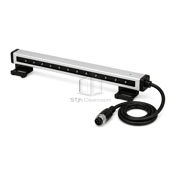 Low angle view of ionizing bar emitter channel mounting interfaces and circular connector pins