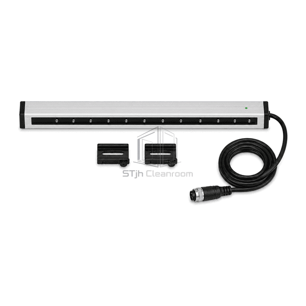 Front elevation of ionizing bar showing continuous black channel twelve emitter points and status LED