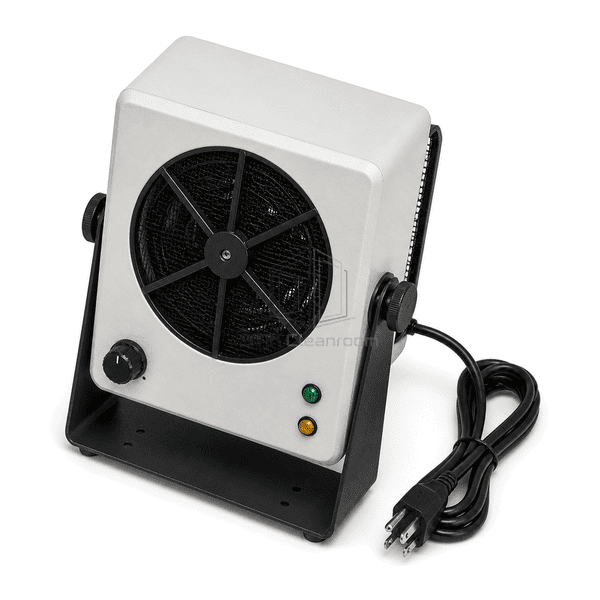 Elevated view of complete ionizing blower tilted upward in its black workstation stand
