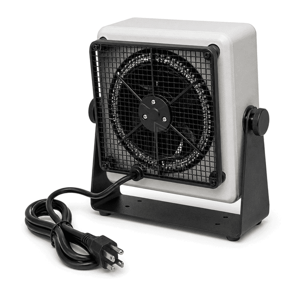 Rear view of ionizing air blower showing fan guard emitter ring pivot hardware and cable entry