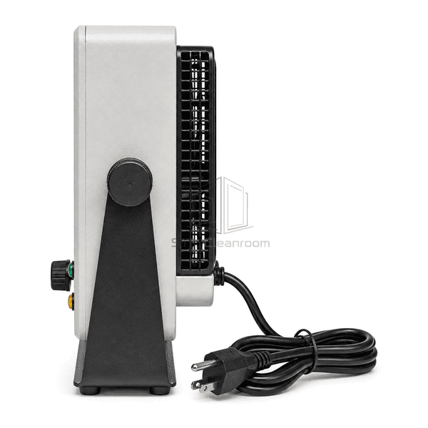 Right side profile of tabletop ionizer showing enclosure depth pivot stand rear guard and cord