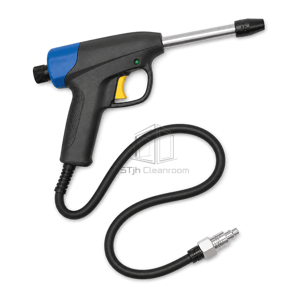 Top-down view of ionizing air gun with complete combined hose arranged in an S curve