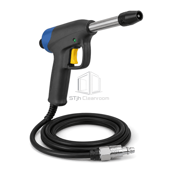 Nozzle-forward view of ionizing air gun showing diffuser vents recessed emitter and air outlet