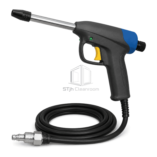 Opposite side profile of ESD ionizing gun showing housing seam grip depth and hose strain relief