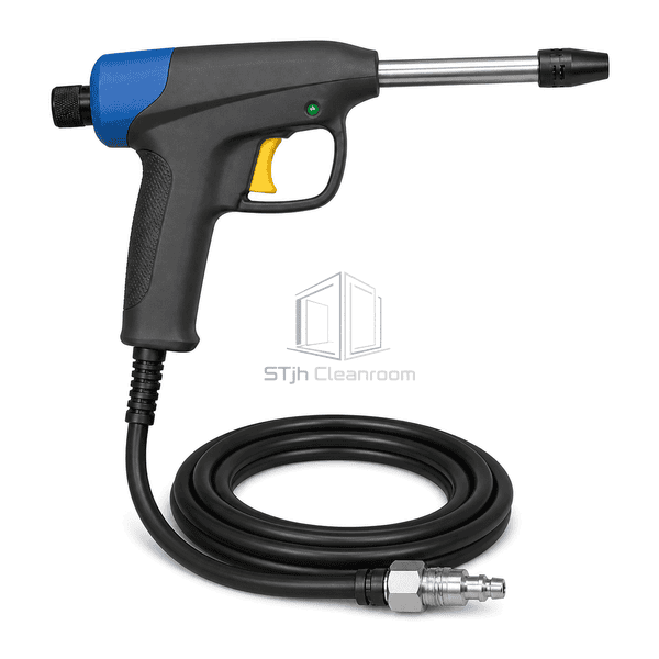 Upright control-side view of ionizing air gun with complete nozzle grip and quick connector