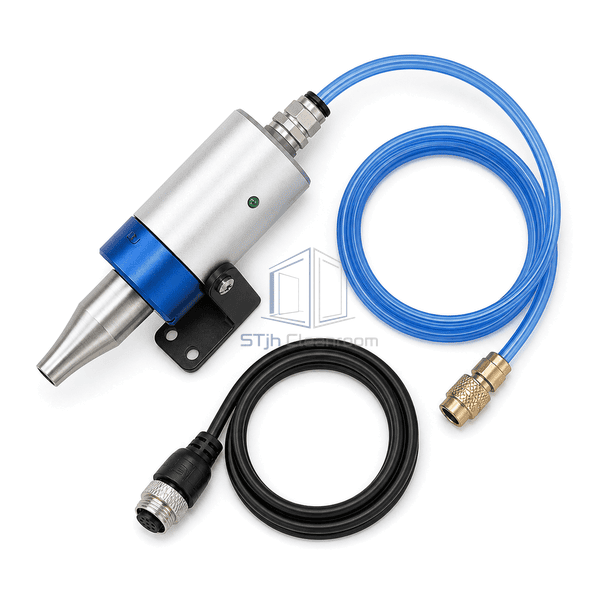 Top-down view of ionizing nozzle with separate blue pneumatic tube and black power cable