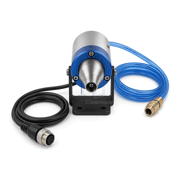 Nozzle-forward view showing tapered outlet bore recessed ion emitter and complete mounting foot