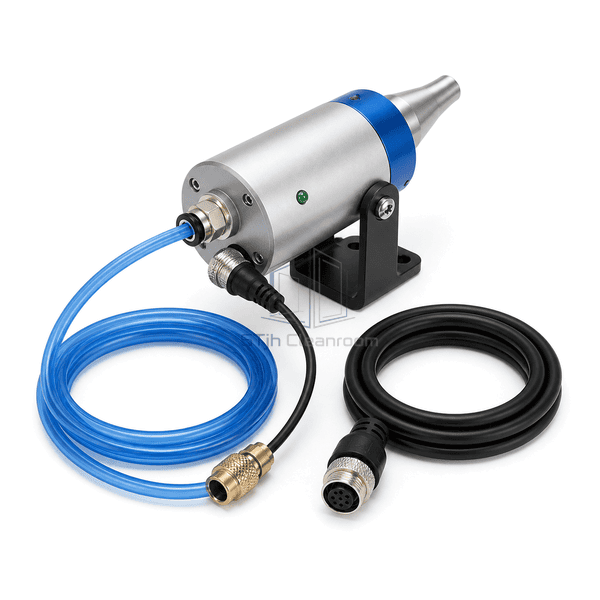 Rear view of ionizing nozzle showing push-in air fitting electrical connection and pivot bracket