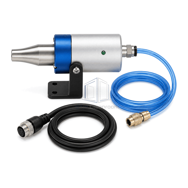 LED-side elevation of machine-mount ionizing nozzle with stainless outlet and two supply lines