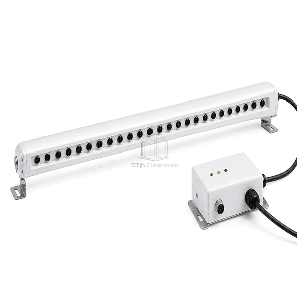 Long horizontal ionizing bar system with separate monitoring controller