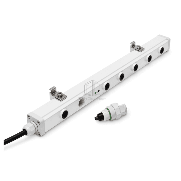 Complete ionizing bar system showing protected emitter and cable interface details