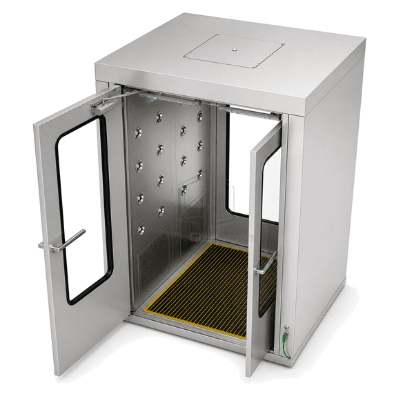 Overhead perspective of the enclosed ionizing air shower and grounded passage