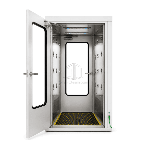 Front view through the enclosed ionizing air shower with its two-door chamber